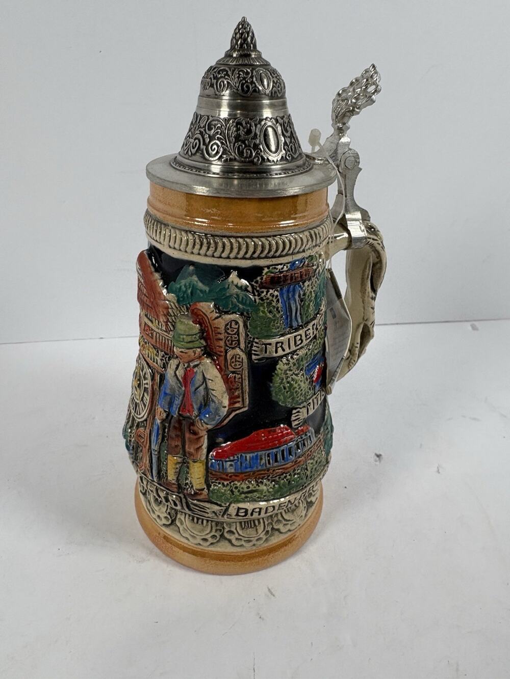 KING German Beer Stein Pewter Lid Hand Painted Freiburg Triberg 8in